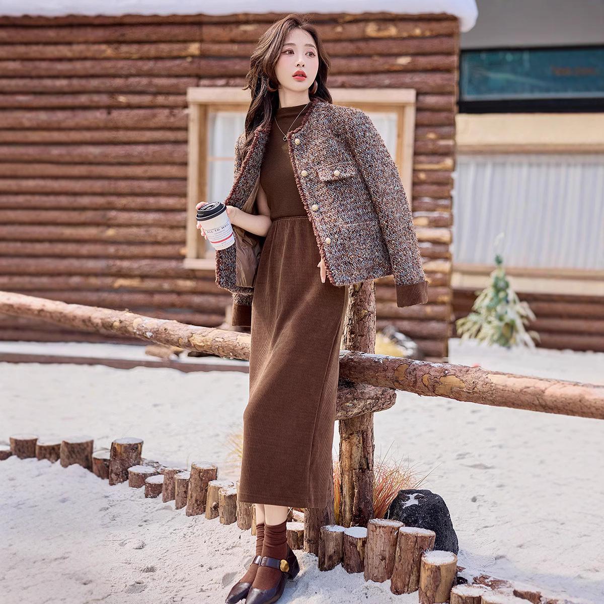 

Women s Elegant Down Coat & Skirt Set - Autumn/Winter Collection M (105-115 jin) коричневый