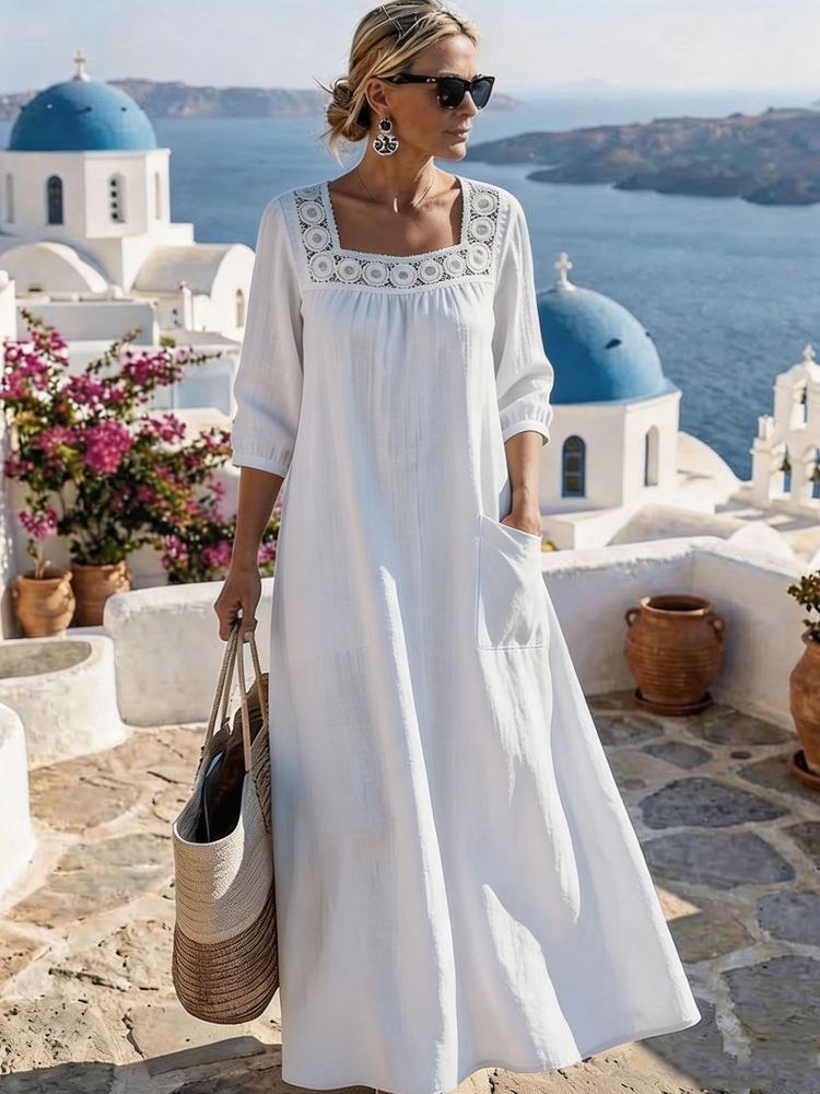 Casual Square Neck Three Quarter Sleeve Solid Color Womens Loose Long Maxi Dress S