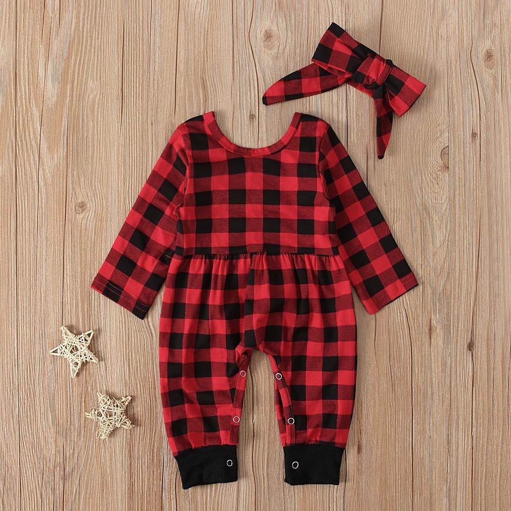 Infant Baby Girl Red Plaid Romper Jumpsuit with Headband 2PCS Outfits Clothes for 0-24 Months