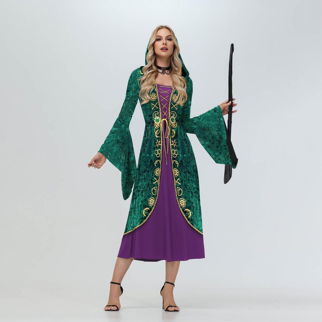 Halloween Witch Crazy Hooded Dress With Digital Print For Costume Parties