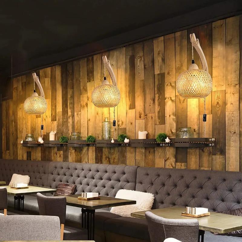 EU-Stecker Vintage Bambus Geflochten Nachttisch Wandleuchten Esszimmer Deckenhängeleuchten Schlafzimmer Bauernhaus Ländlich Innen Dekoration