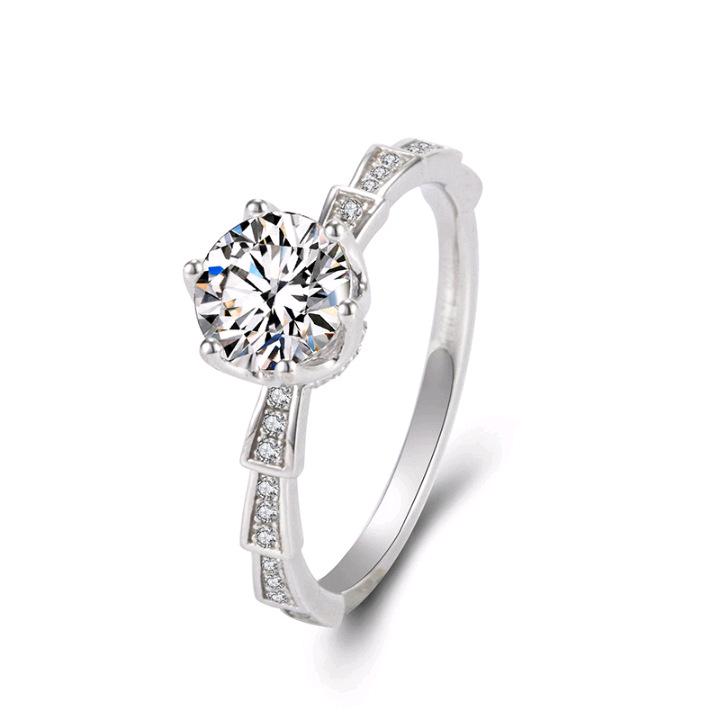S925 Sterling Silver Six-Prong Inlaid Stone Ring with Asymmetrical Band for Women - Confession Engagement Accessory