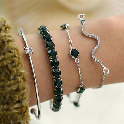 European & American Fashion Green Snake Diamond Bangle Set: Women's 4-Piece High-End Metal Jewelry with Elastic Design.