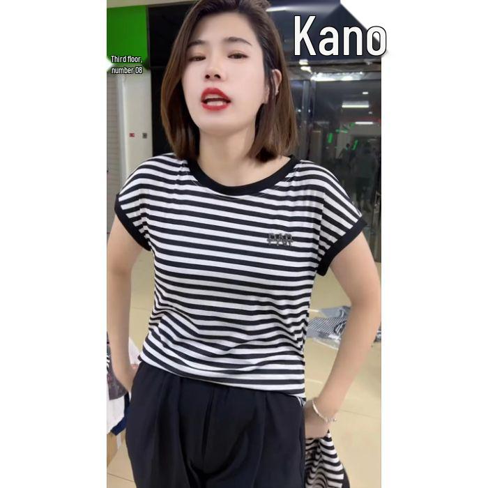 

Летняя вязаная футболка-пуловер в полоску и колор-блок для миниатюрных женщин 5X Large чёрный