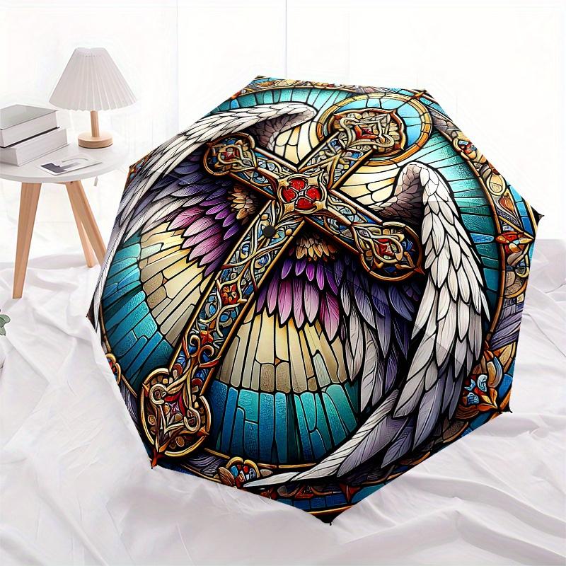 Stained Angel Wings Cross Art PrintUmbrella, Portable 3-Fold Compact Umbrella,Christmas Gift ES634