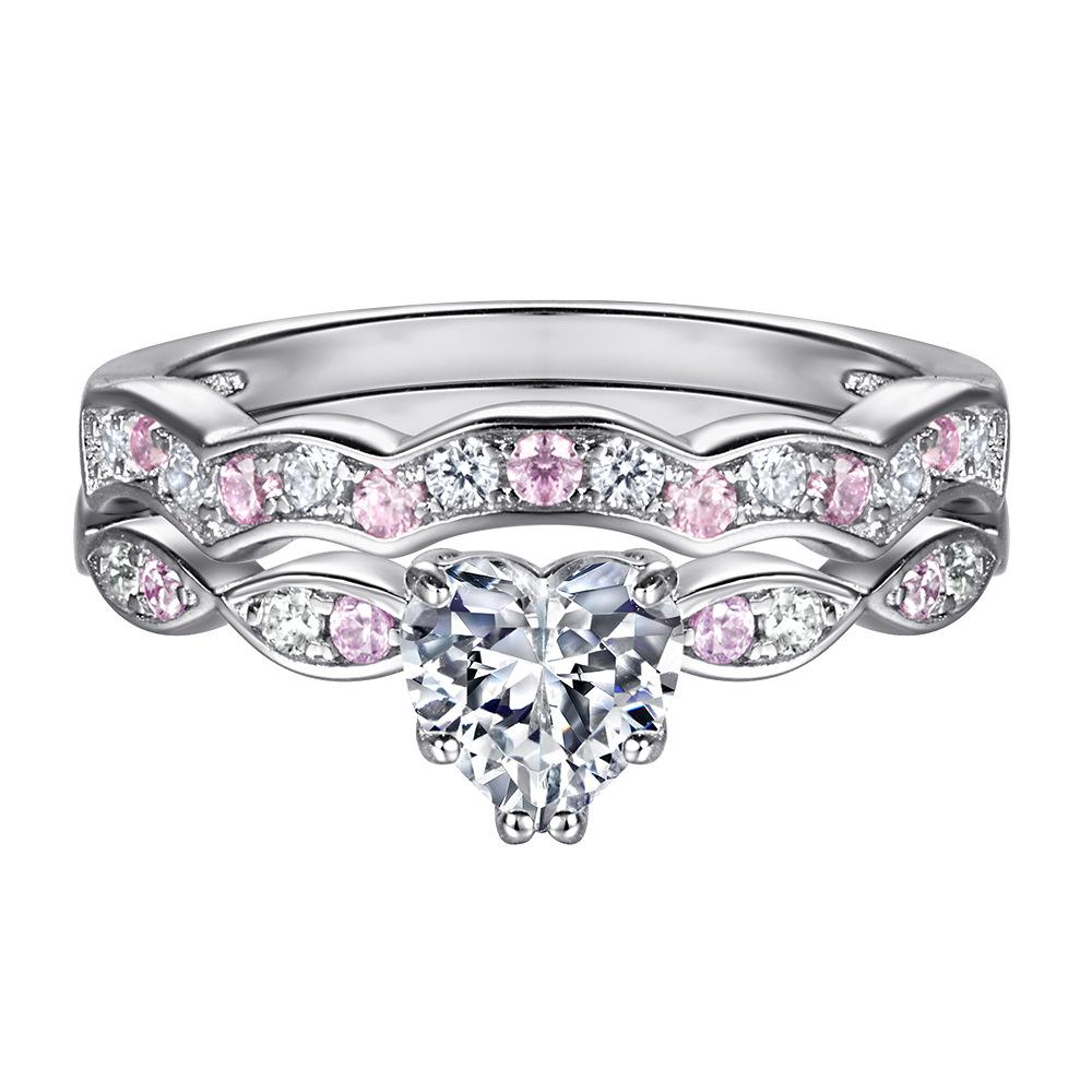 Love Jewelry Set 3-piece Set European and American 925 Sterling Silver Ring Pink Diamond Set Ring Heart-shaped Zircon Stud Earrings Niche Necklace
