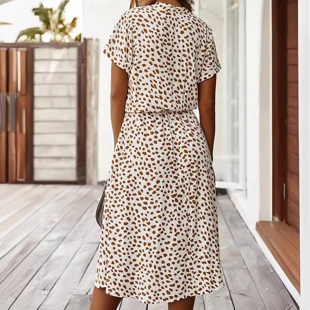 European and American style new printed V-neck button waist short-sleeved dress