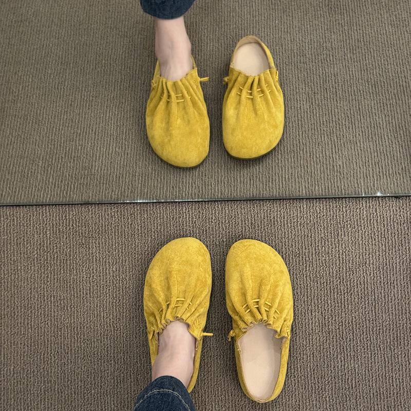 2025 Baotou Half Slippers Women's Summer New Flat-bottomed Pleated Lazy Cool Slippers Versatile Casual Muller Shoes