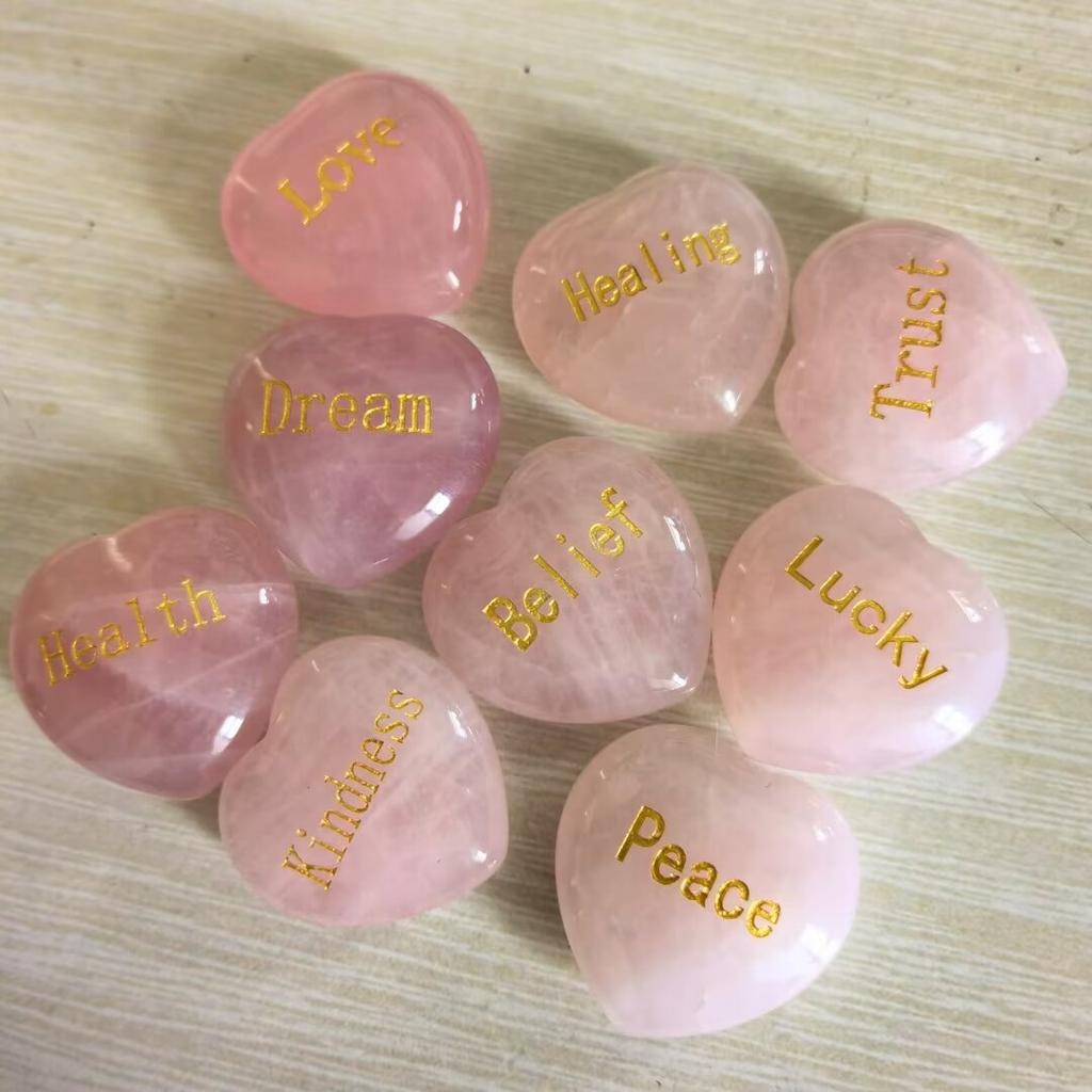 Random1pcs Rose Quartz Heart Inspirational Stone Engraved Love Natural Pink Crystal Valentine's Day Gifts
