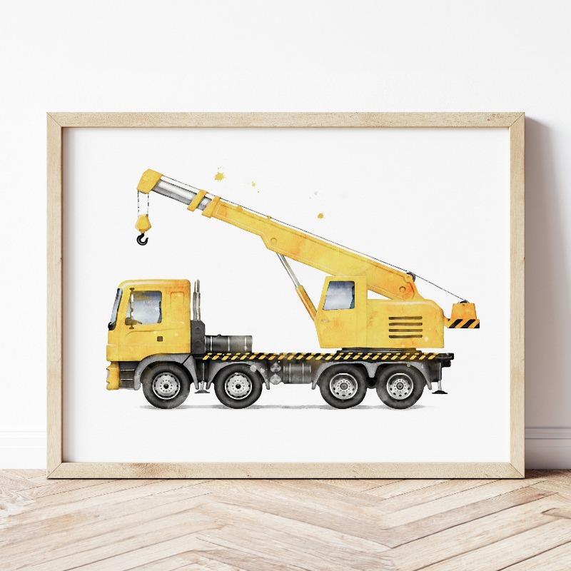 Retro Žluté Auto Nákladní Auto Bagr Buldozer Transporter Akvarelový Umělecký Plakát Obrazy na Plátně Nástěnné Umělecké Obrázky Domácí Dekorace