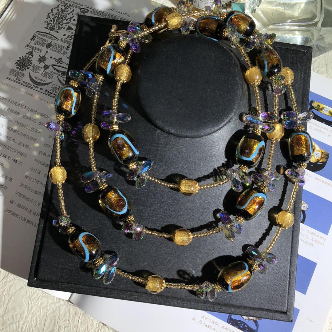 Vintage medieval mermaid Ji glazed beads with crystal rolls, crossbody can be stacked and worn Necklace