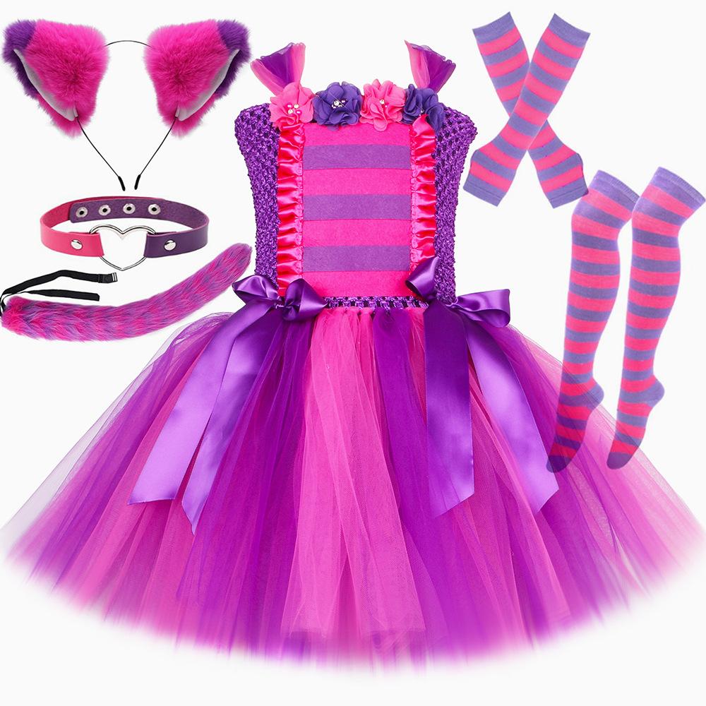 Kids Cheshire Cat Tulle Puff Dress, Alice in Wonderland Cute Cat Princess Cosplay Outfit