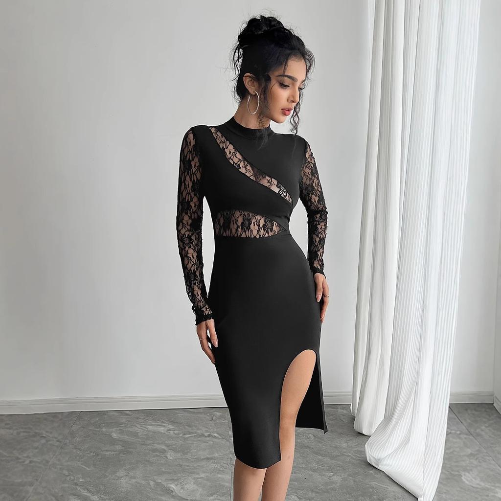 Autumn Women Solid Color Color Block Lace Slit Sexy Bodycon Dress Mature Style French Retro Patchwork Slim Sexy Elegant Women Maxi Dress