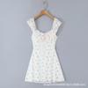 Pure French sexy lace lace-up ruffle edge waist thin print suspender dress women's A-word short skirt summer