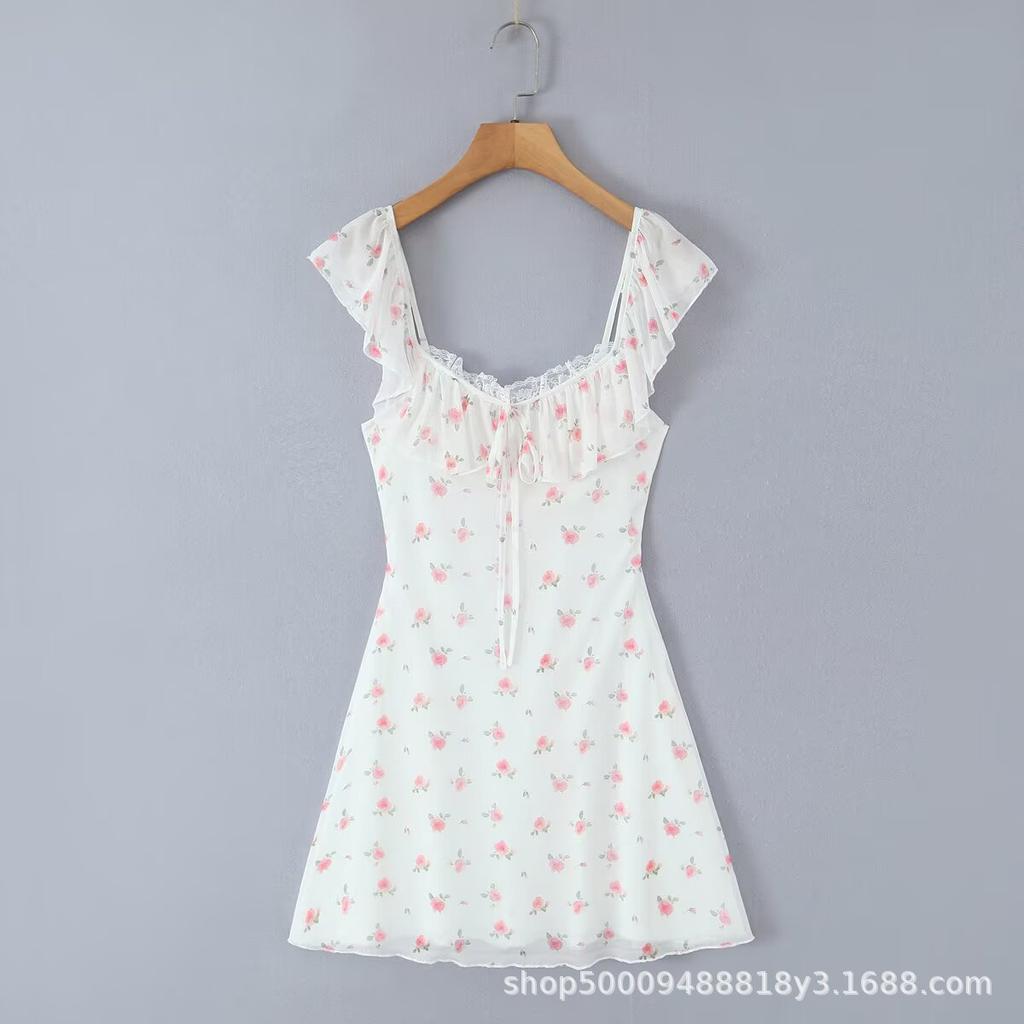 Pure French sexy lace lace-up ruffle edge waist thin print suspender dress women's A-word short skirt summer