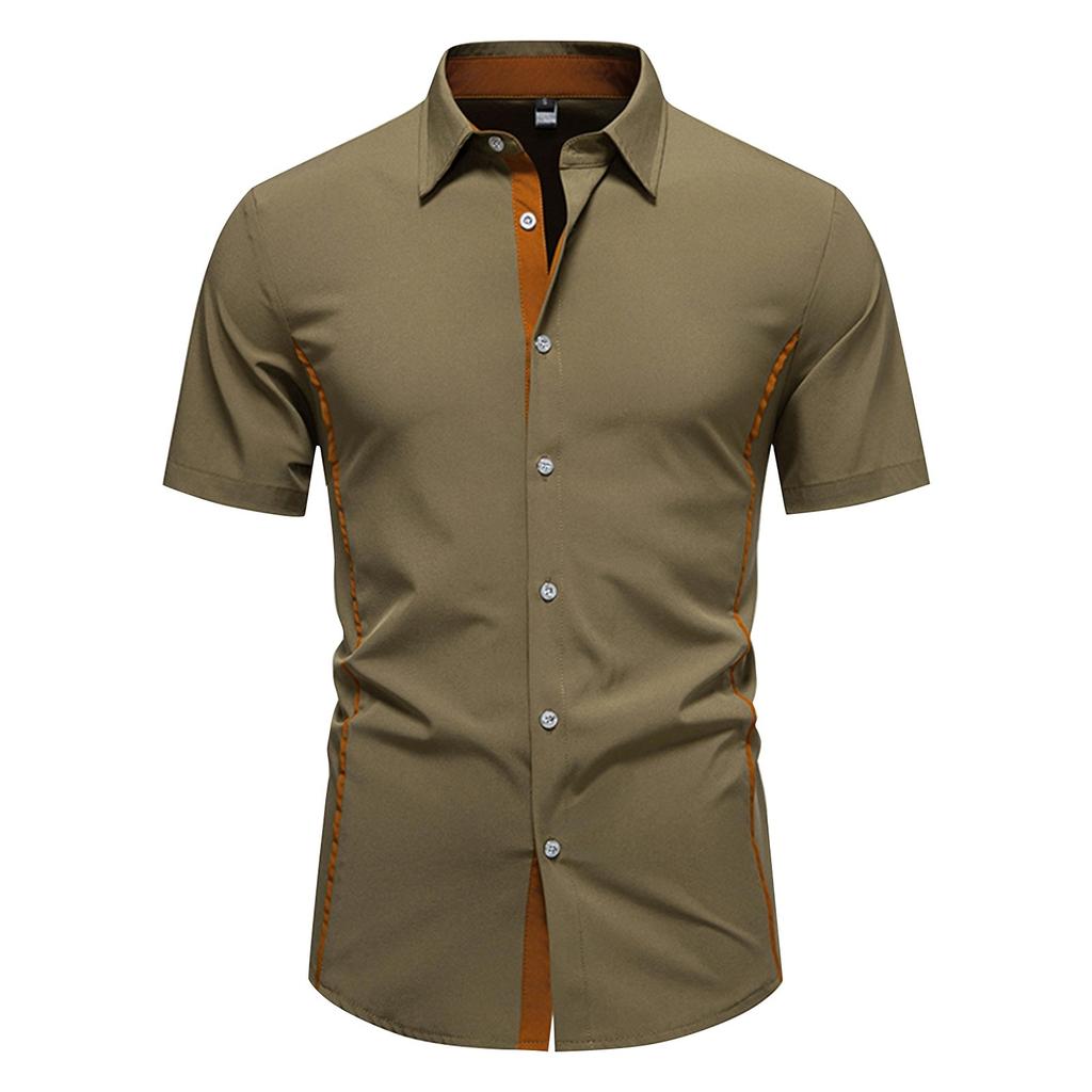 Camisa Masculina Casual Fashion Color Block Manga Curta Single Breasted Lapela