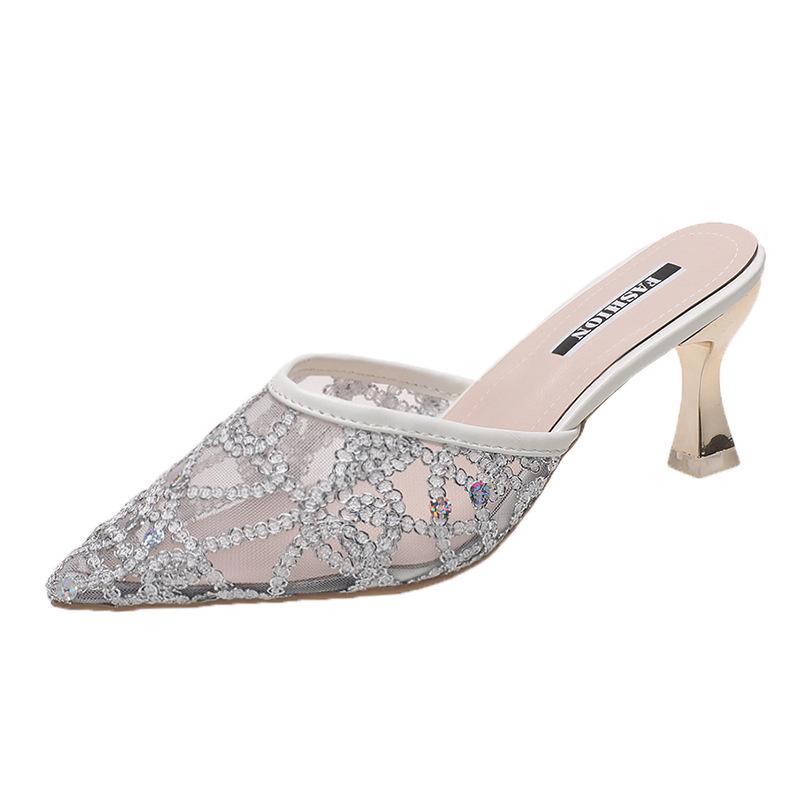 

Модные женские тапочки, летние модные сетчатые женские туфли на шпильке с острым носком, универсальные повседневные уличные тапочки Baotou для женщин 38 покинуть белый