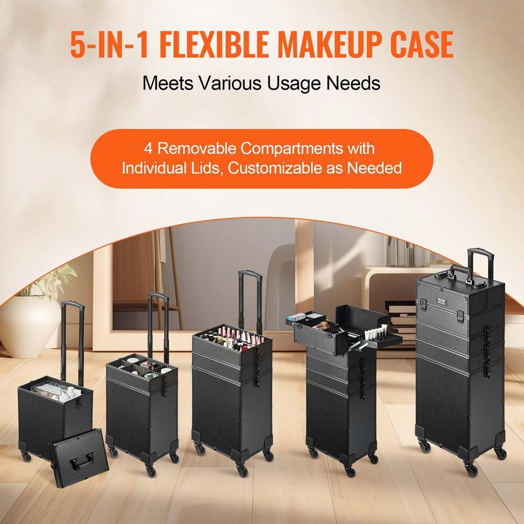 5 In 1 Professional Makeup Train Case Aluminum Cosmetic Case, Rolling Makeup Case Extra Large Trolley Makeup Travel Organizer, with 360° Swivel Wheels