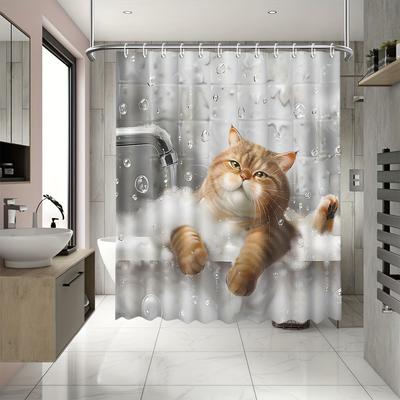 1 Stück Duschvorhang - Entzückende orange Katze in einer Badewanne mit Blasen- und Wassertropfen-Design Wasserdicht