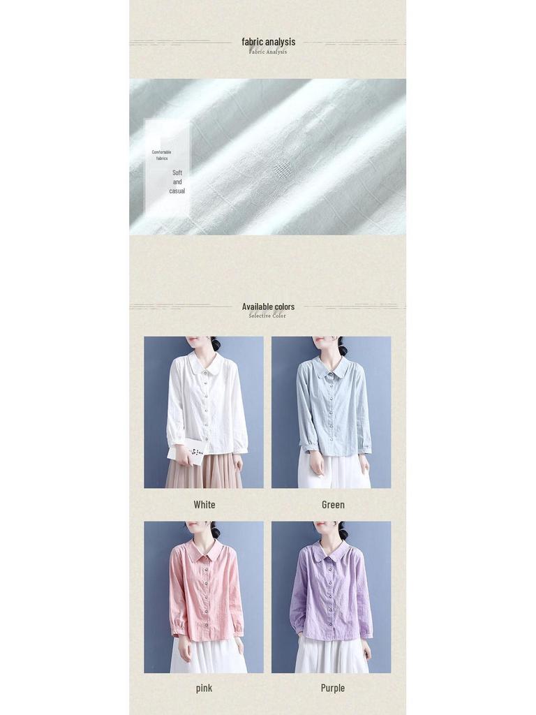 2024 Spring Women's Cotton Linen Long-Sleeved Casual Shirt