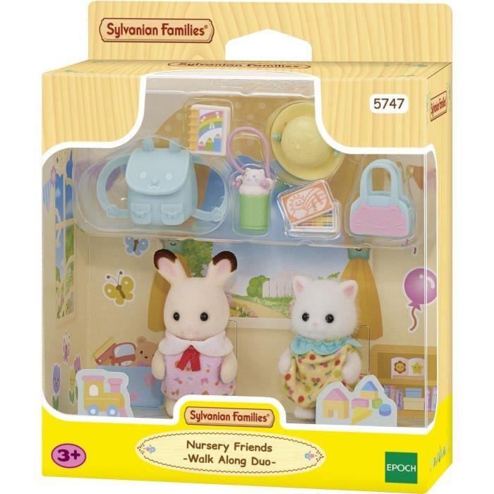 Le duo des bébés en promenade - sylvanian families - 5747 - lapin chocolat et chat persan avec accessoires