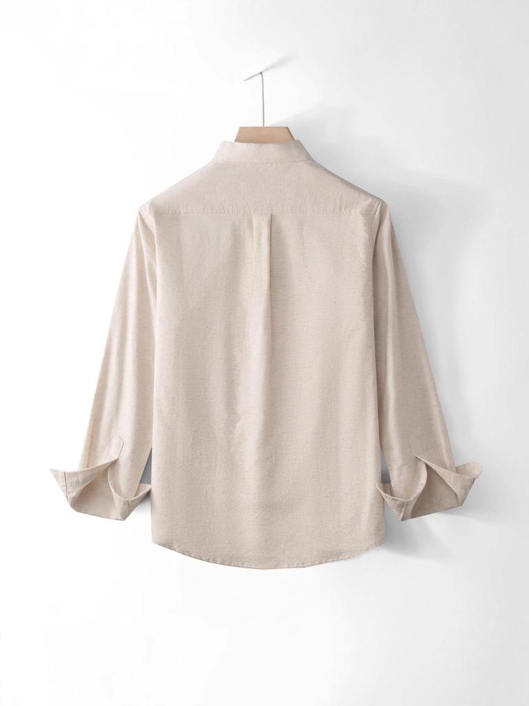 Men's Cotton Linen Stand-up Collar Shirt - Khaki, Retro, Long Sleeve, Trendy Top for Spring and Autumn.