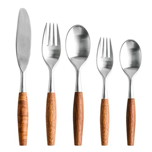 Super Qualité 1/5 Pcs Ensemble de Couverts Occidentaux en Acier Inoxydable 304 Manche en Bois Fourchette de Dîner Couteau Couverts Mat Vaisselle Couverts de Table