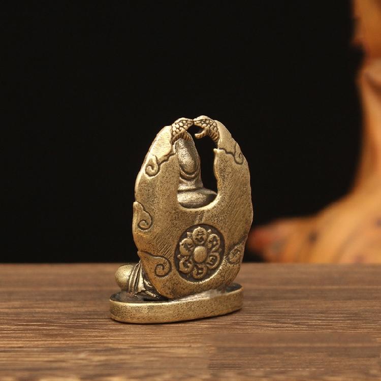 Metal Bodhisattva Sculpture with Aged Finish and Integrated Round Base for Desk, Windowsill, Tea Table, Entryway, or Shelf Placement