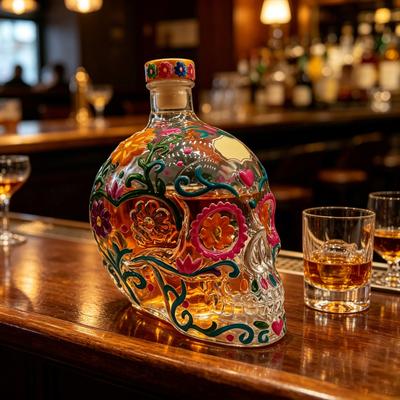 Gothic Skull Decanter, Hand Painted Glass Liquor Bottle with Floral Design, 3D Carved Wine Dispenser for Home Bar, Halloween Decor