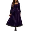 Robe Mi-longue Bleue en Velours pour Femme, Col Carré, Manches Longues, Style Vintage Élégant, Bordure en Dentelle, Robe Évasée
