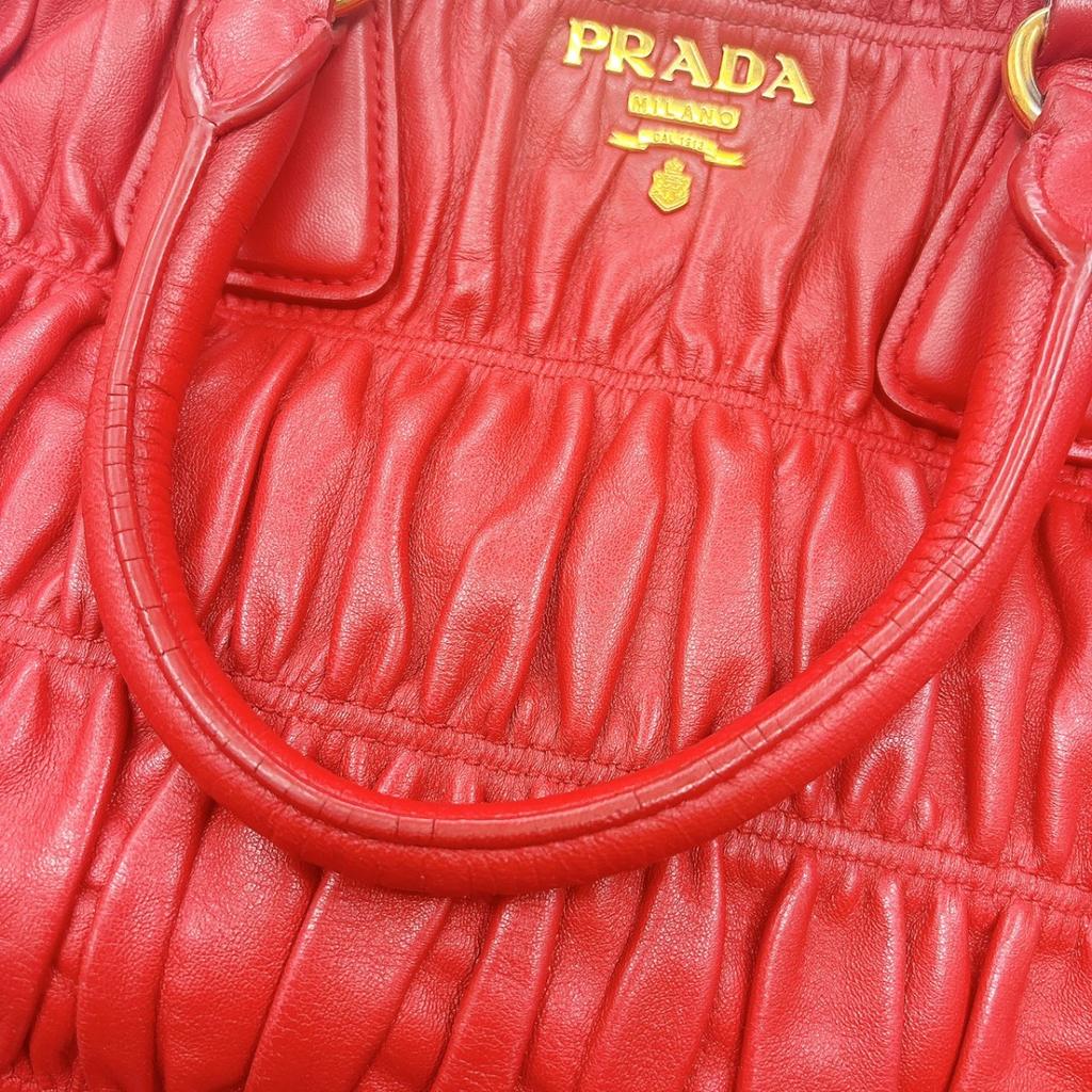 PRADA gathered Nappa Goful Tote Bag leather Red Women B2588L Used