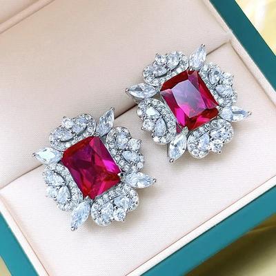 Red/Green Cubic Zirconia Stud Earrings For Women Luxury Wedding Engagement Party Female Accessory Trendy Jewelry