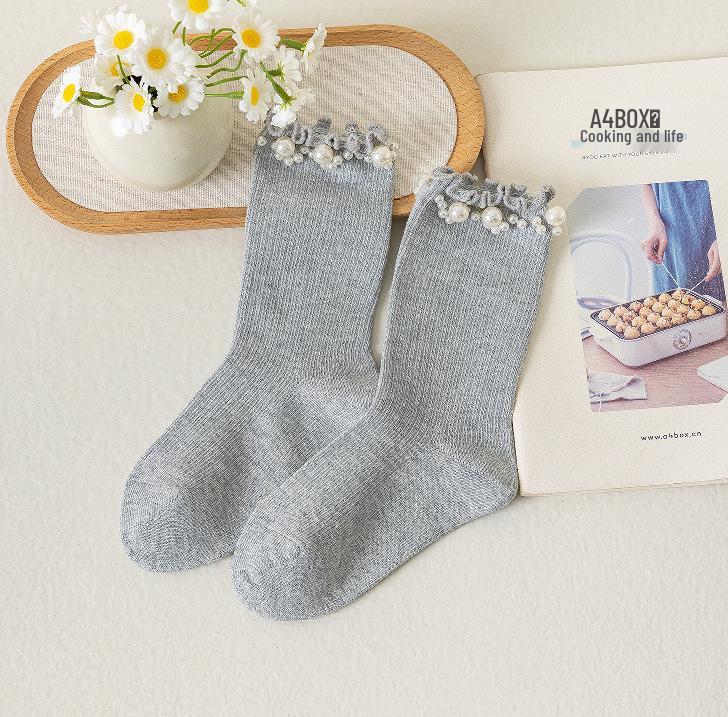 Children's Lace Pearl Mid-Calf Princess Socks - Spring/Autumn Retro Solid Color for Girls