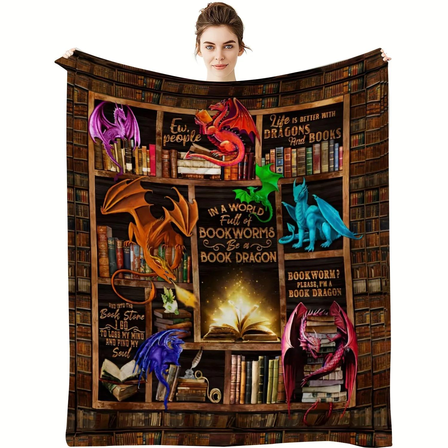 

Dragon Library Themed Blanket Soft Cozy Flannel Throw for Kids Couch Bed or Sofa Ideal Home Decor and Gift 40x50in