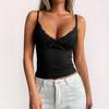 Women Lace Trim V Neck Spaghetti Strap Fitted Crop Cami Top