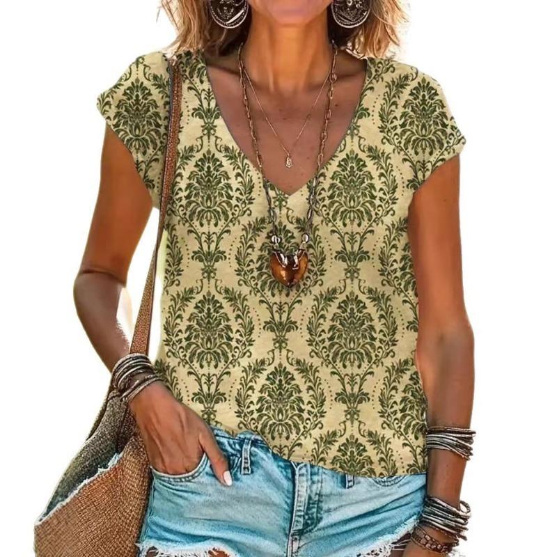 Summer Women's Casual Loose Fashion Digital Printed Multi-color V-neck Short Sleeved T-shirt