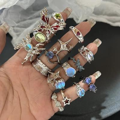 Y2k anéis de cristal kpop coração anel ajustável geometria irregular punk vintage anéis conjunto para mulheres meninas nova moda jóias