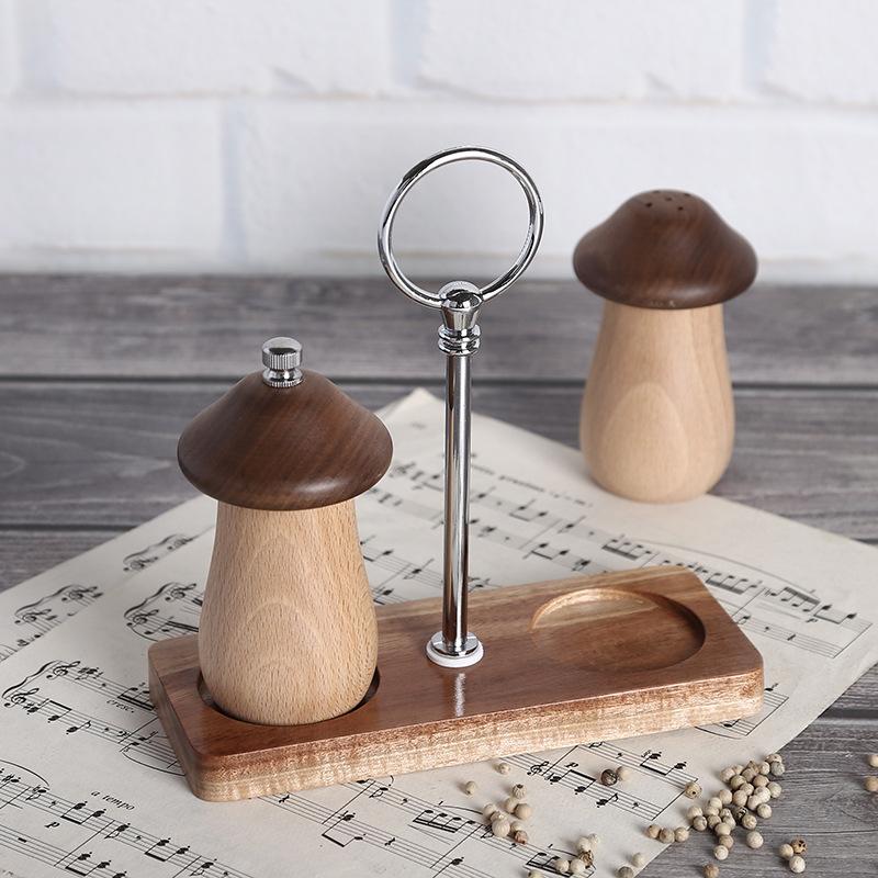 Salt and Pepper Mill Tray Acacia Wood Base Tray Pepper Mill Holder  Kitchen Shaker Pepper Grinder Tray With Zinc Alloy Handle