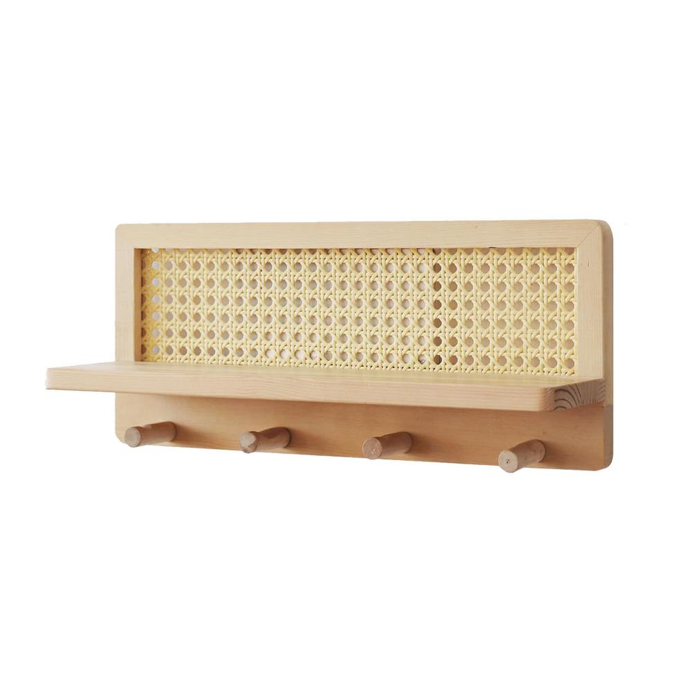 Rattan Wall Shelf Hangable Wooden Boho Shelves Wall Hook Farmhouse Decoration Rustic Wall Organizer Book Shelves with Hooks