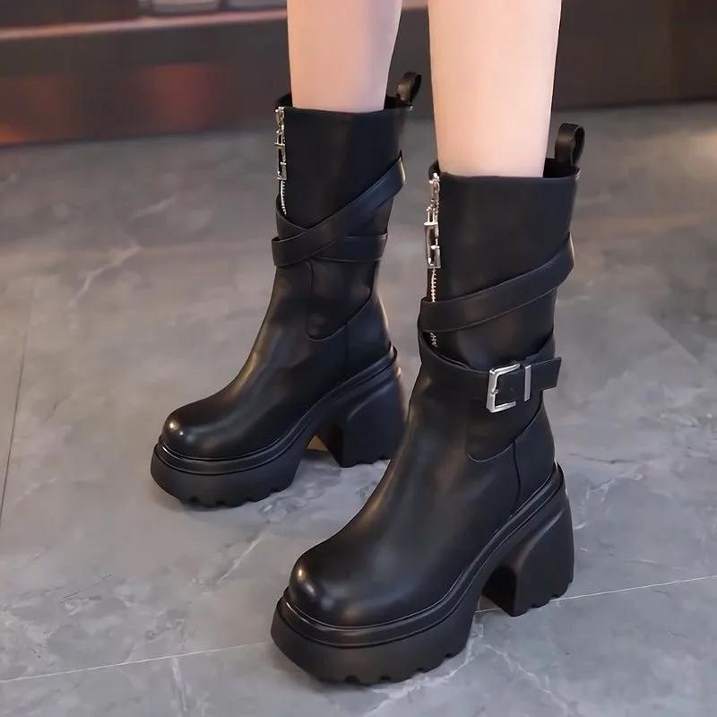 Women'S New Autumn/Winter Thick Soled Front Zipper Knight Boots Black Retro Casual Motorcycle Boots Short Tube