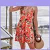 Summer Beach Dress V Neck Sleeveless With Tropical Print For Women