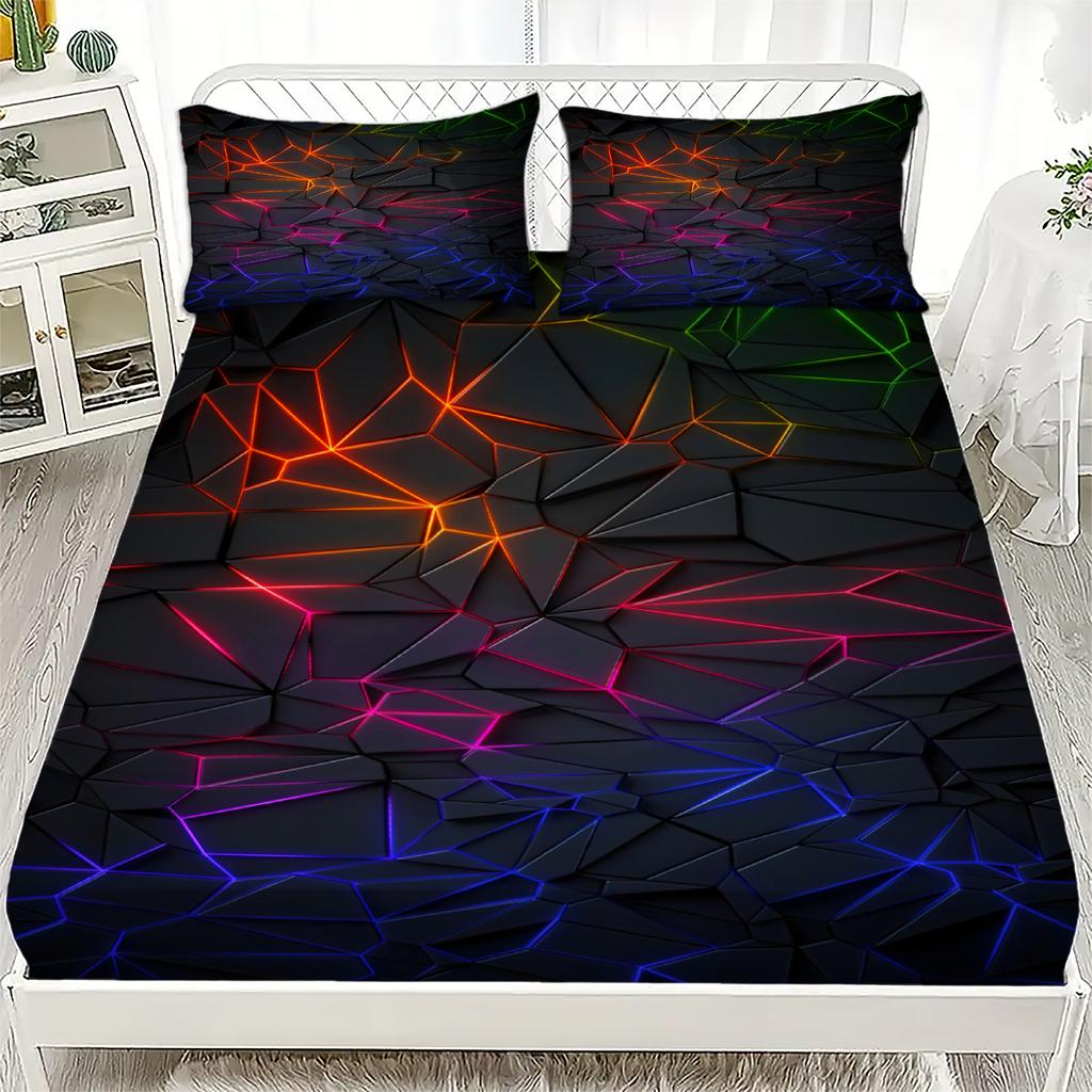 3pcs Fitted Sheet Set Visual Geometry Dizziness Print 100% Polyester Breathable Bedding Set for Home Decor with 2 Pillowcases