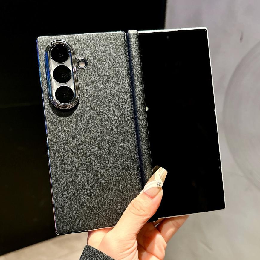 Leather Matte Solid Color Case for Samsung Galaxy Z Fold 7 6 4 Fold7 ZFold Plating Business Hinge Shockproof Back Cover