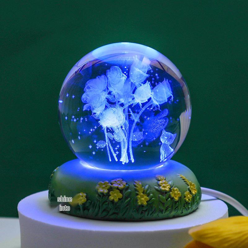 Tulip Crystal Ball 3D Night Light - Luminous Bedroom Ornament & Birthday Gift for Girls