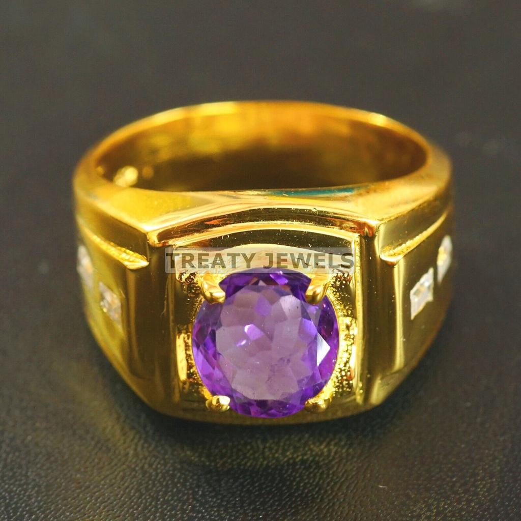 Amethyst Oval Cut With 925 Sterling Silver Gold Plated Ring For Men's #A676 JL375658847179