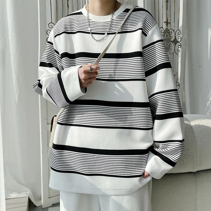 2025 Spring Autumn Men O-Neck Striped T-Shirt Fashion Loose Streetwear Tshirt Men Long Sleeve Japanese Style Lazy for Teens
