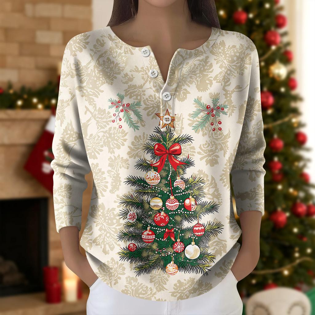 Damska Moda Top z Długim Rękawem z Nadrukiem Świątecznej Śnieżynki Elegancki Casualowy Top