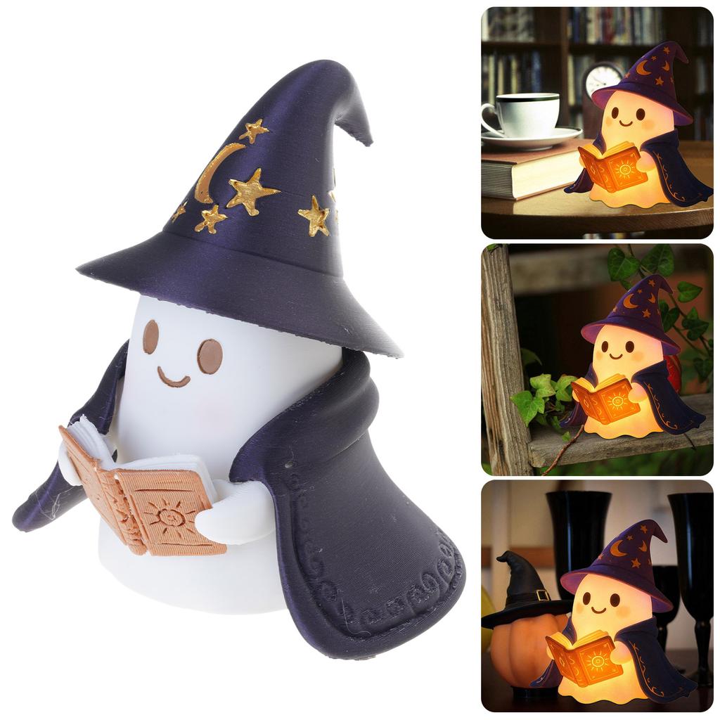 Cute Ghost Wizard Reading Book LED Night Light Halloween Home Decor Portable Resin Craft for Book Lover Bedside Ambiance