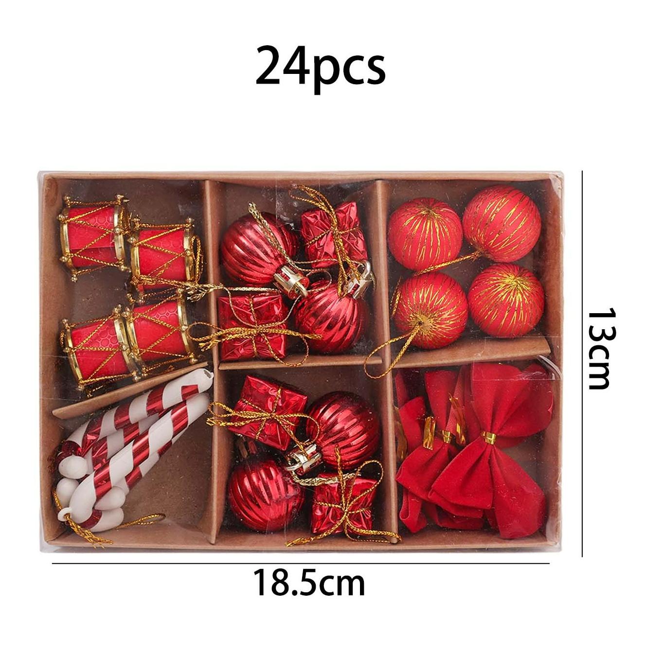 

24/72x Christmas Ball Set Bow Christmas Gift Box Santa Claus Cane Pendant Party New Year Gifts Boxes Xmas Window Displays Decor 24PCS-(1set) красный