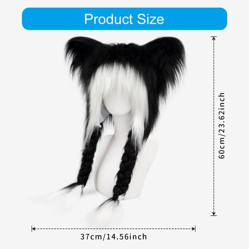 Soft Furry Animal Ear Hat with Braids for for Women and Girls Cartoon Earflap Hat Cosplay Winter Party and Themed Event